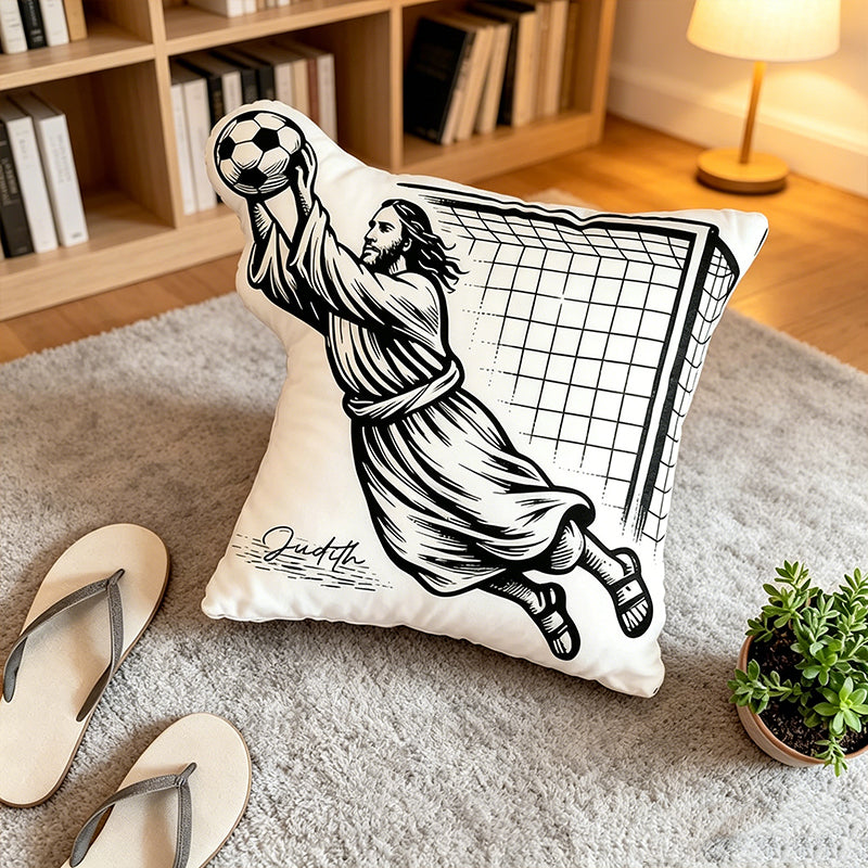 Personalized Jesus Saves Soccer Goalie Pillow – Custom Name Christian Home Decor Gift