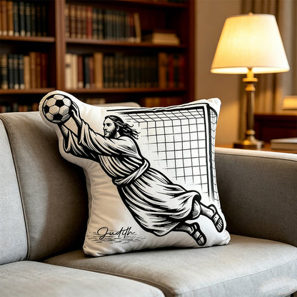Personalized Jesus Saves Soccer Goalie Pillow – Custom Name Christian Home Decor Gift
