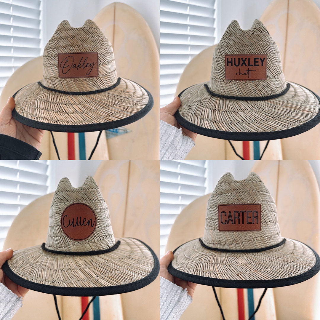 Personalized Kids Straw Hat with Name and Symbols Leather Patch Sun Hats for Baby Toddler Women Men