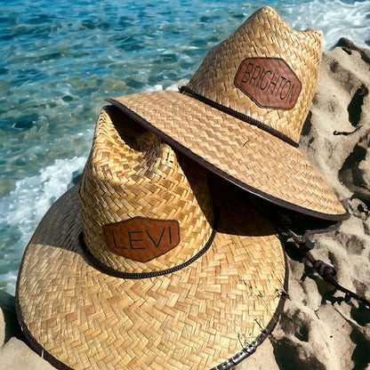 Personalized Kids Straw Hat with Name and Symbols Leather Patch Sun Hats for Baby Toddler Women Men