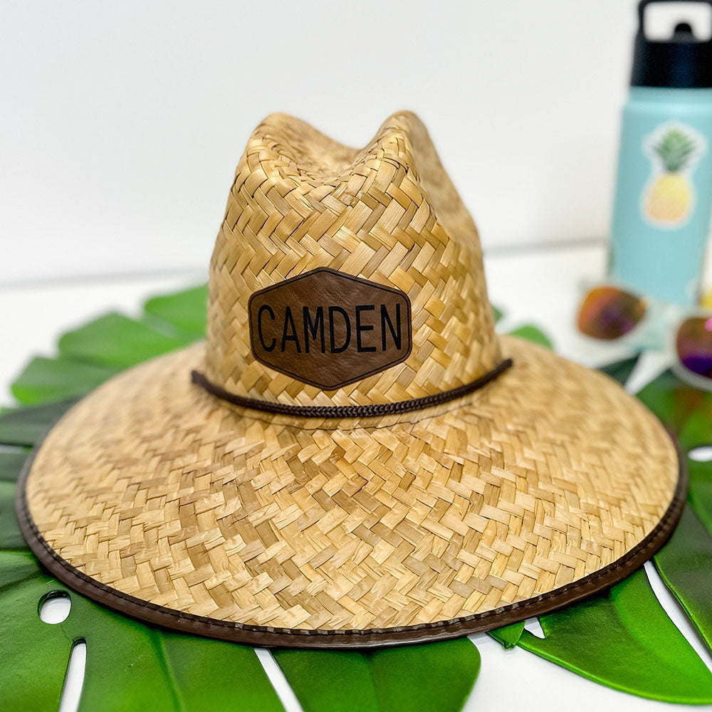 Personalized Kids Straw Hat with Name and Symbols Leather Patch Sun Hats for Baby Toddler Women Men