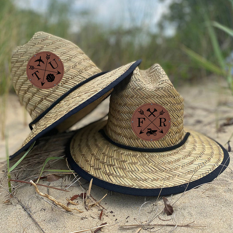 Personalized Kids Straw Hat with Name and Symbols Leather Patch Sun Hats for Baby Toddler Women Men