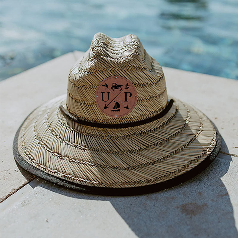 Personalized Kids Straw Hat with Name and Symbols Leather Patch Sun Hats for Baby Toddler Women Men