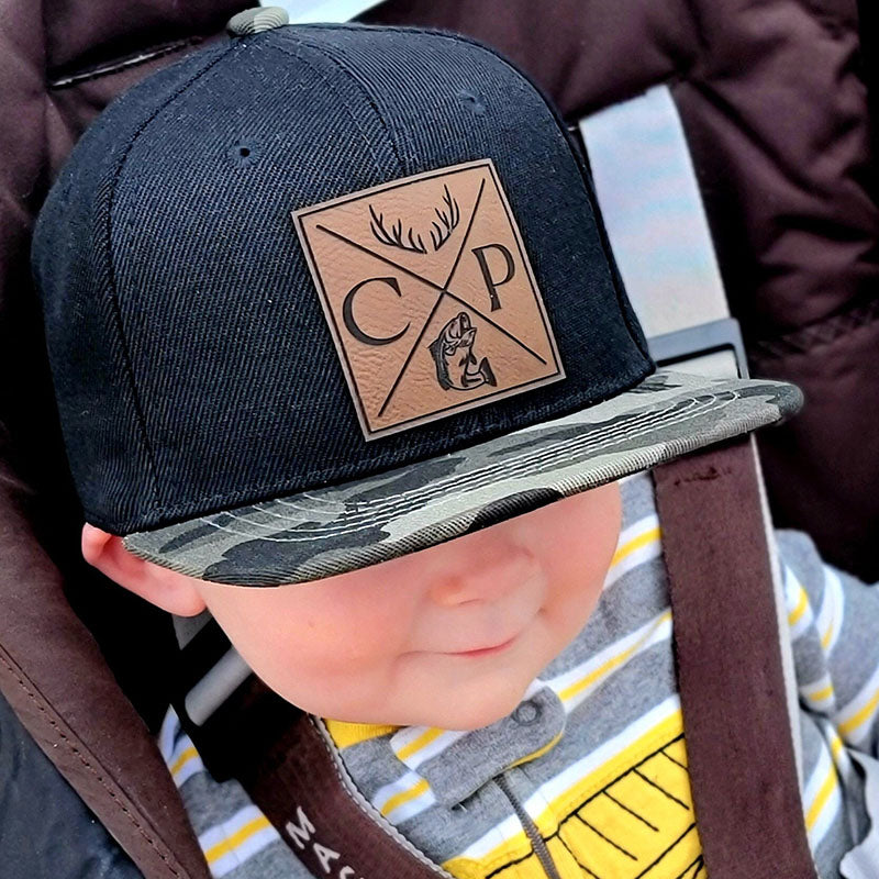 Personalized Faux Leather Patch Hat With Initials and Symbols Flat Brim Snapback For Infant Kids Adult