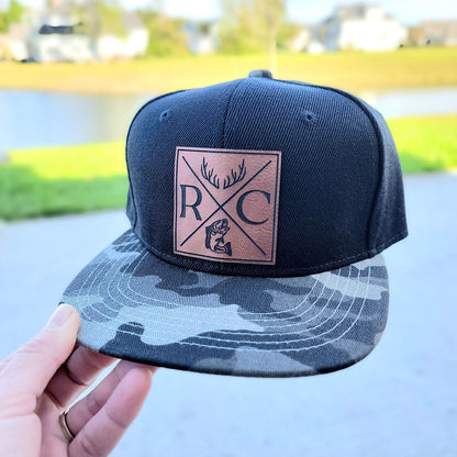 Personalized Faux Leather Patch Hat With Initials and Symbols Flat Brim Snapback For Infant Kids Adult