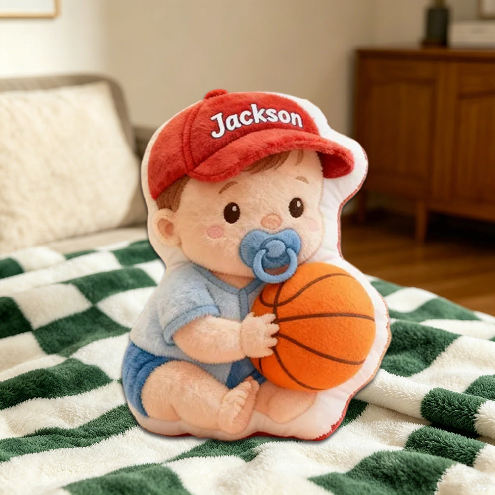 Personalized Baby Boy Name Pillow – Cute Kids Gift with Red Hat, Blue Outfit, and Soft 3D Print Design