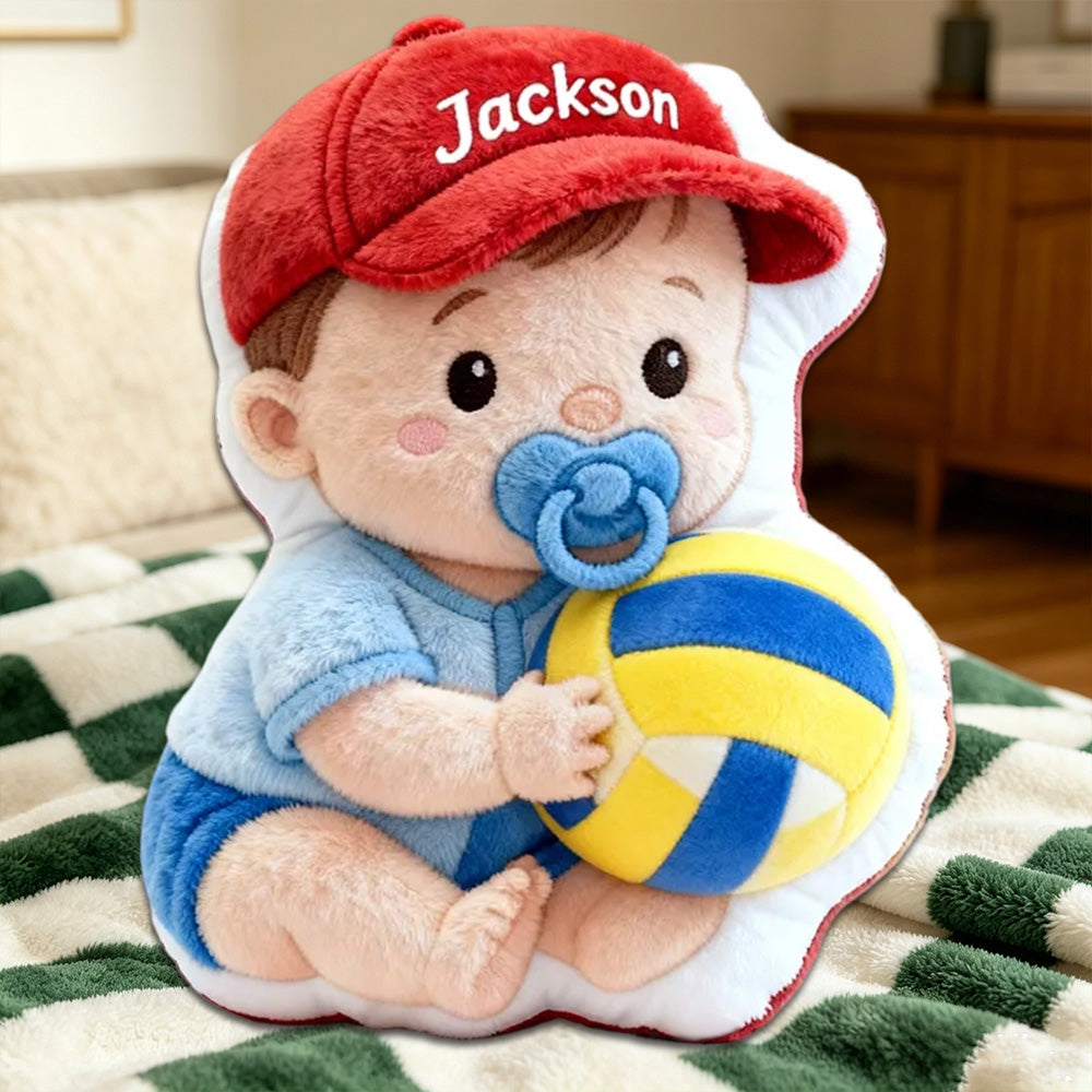 Personalized Baby Boy Name Pillow – Cute Kids Gift with Red Hat, Blue Outfit, and Soft 3D Print Design