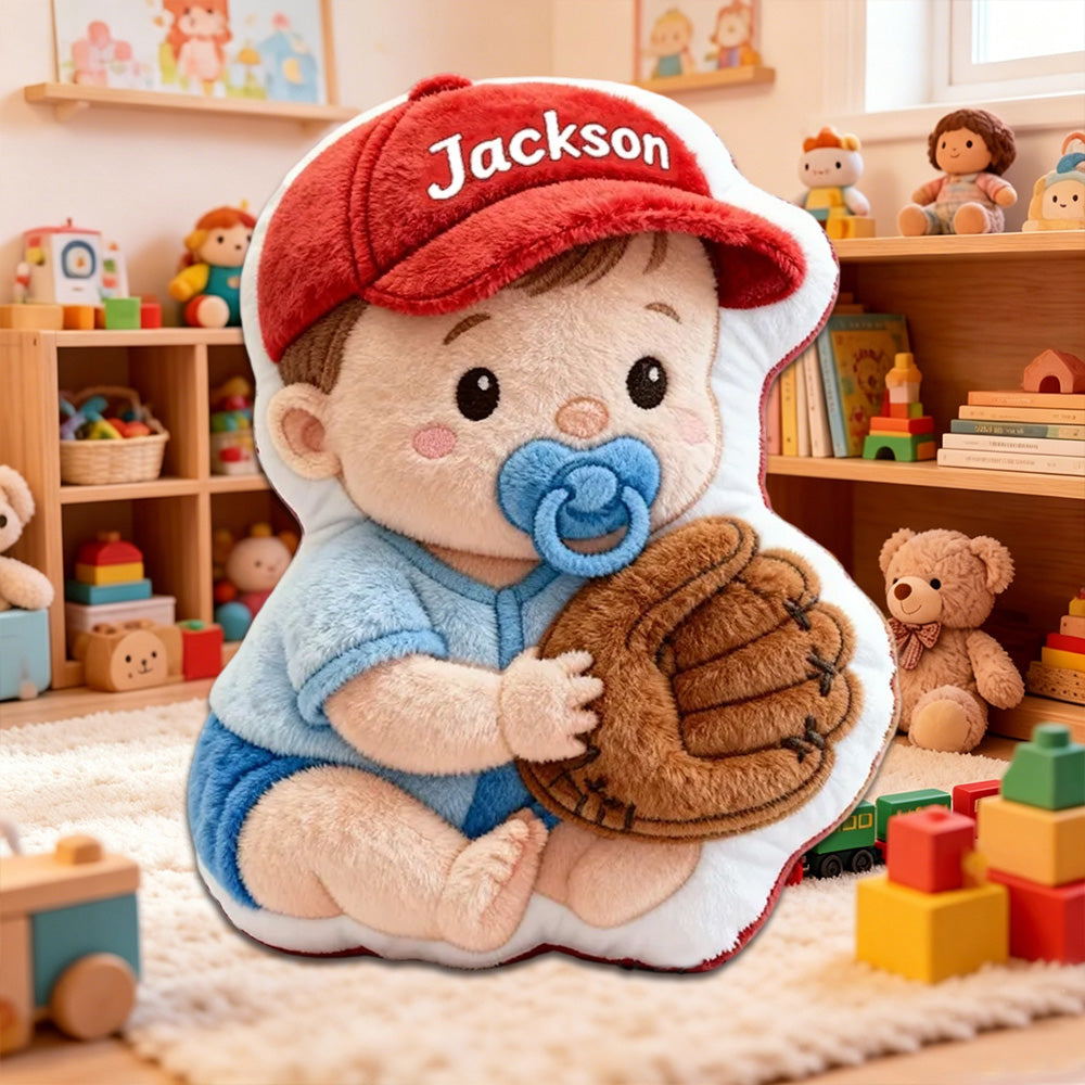 Personalized Baby Boy Name Pillow – Cute Kids Gift with Red Hat, Blue Outfit, and Soft 3D Print Design
