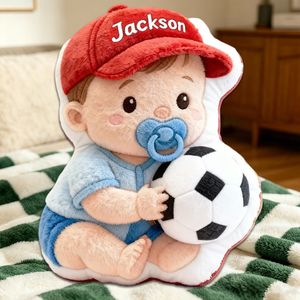 Personalized Baby Boy Name Pillow – Cute Kids Gift with Red Hat, Blue Outfit, and Soft 3D Print Design