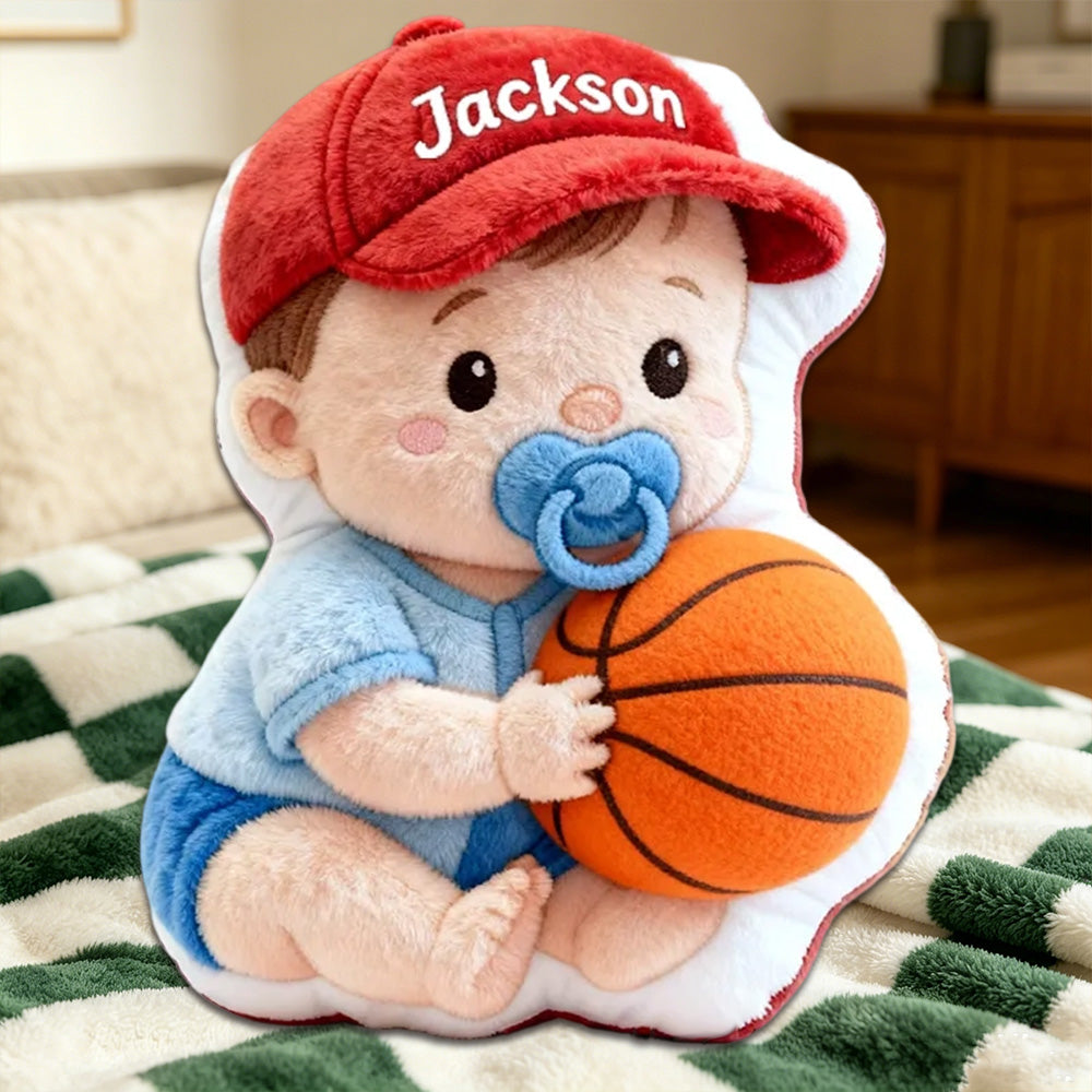 Personalized Baby Boy Name Pillow – Cute Kids Gift with Red Hat, Blue Outfit, and Soft 3D Print Design