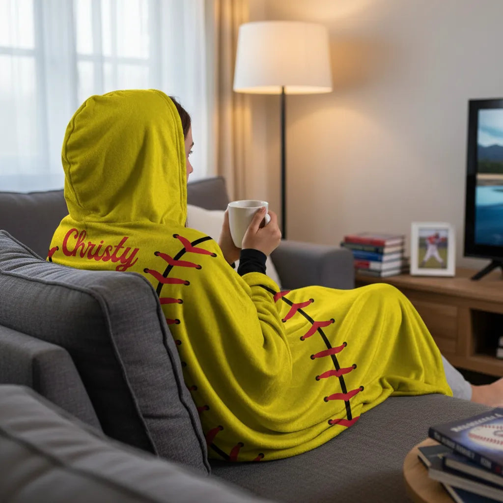 SOFTBALL THROW HOODED -Hooded Fleece Blanket