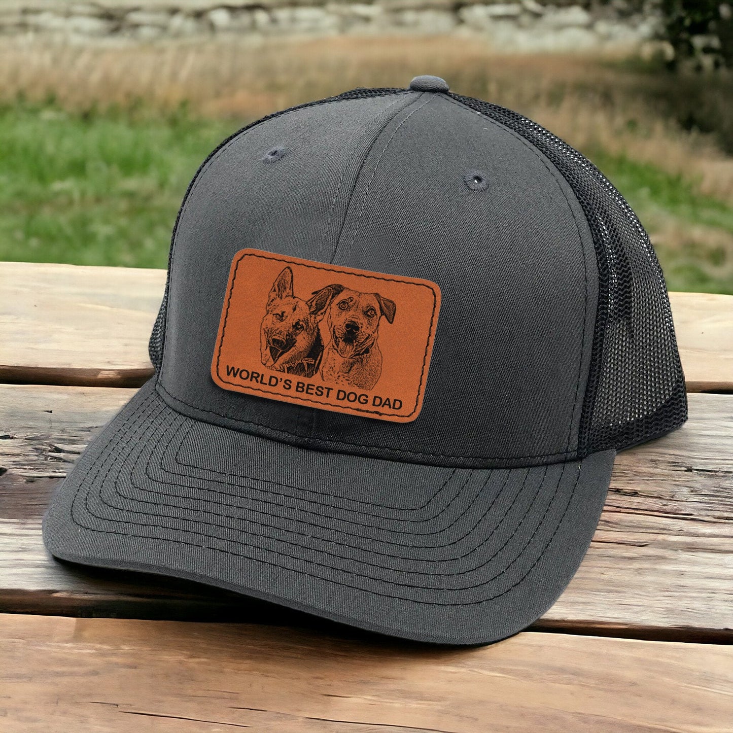 Personalized Dog Dad Portrait Leather Patch Trucker Hat with Photo Gift for Dad