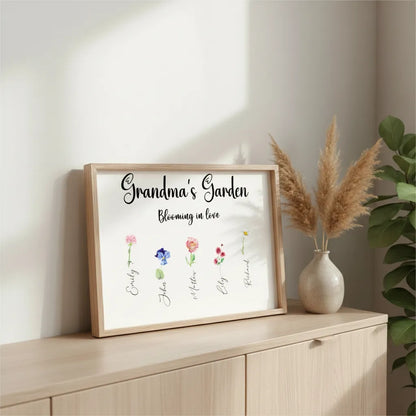 Personalized Grandmas Garden Birth Month Flower Print  Wall Art with Kids Names Mother's Day Gift