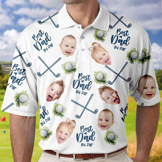 Personalized Best Dad By Par Shirt with Kid's Face Photo Father's Day Gift For Dad Short Sleeve Golf Shirt Gift for Husband