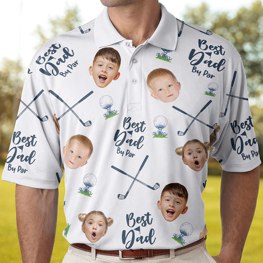 Personalized Best Dad By Par Shirt with Kid's Face Photo Father's Day Gift For Dad Short Sleeve Golf Shirt Gift for Husband