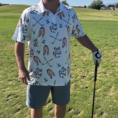 Personalized Best Dad By Par Shirt with Kid's Face Photo Father's Day Gift For Dad Short Sleeve Golf Shirt Gift for Husband