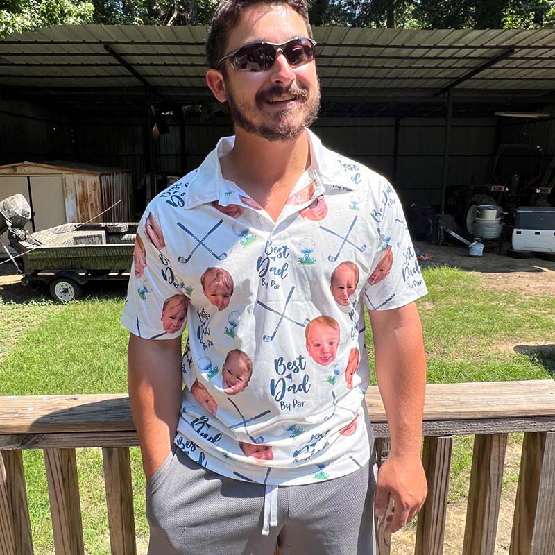 Personalized Best Dad By Par Shirt with Kid's Face Photo Father's Day Gift For Dad Short Sleeve Golf Shirt Gift for Husband