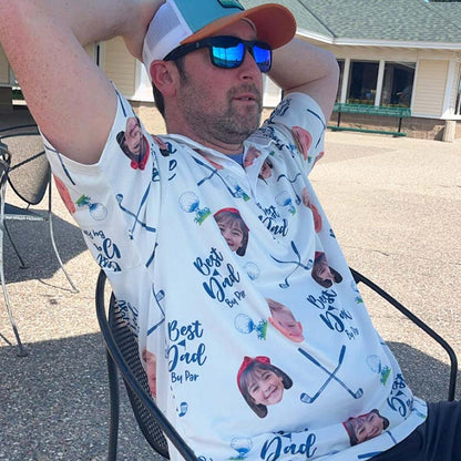 Personalized Best Dad By Par Shirt with Kid's Face Photo Father's Day Gift For Dad Short Sleeve Golf Shirt Gift for Husband