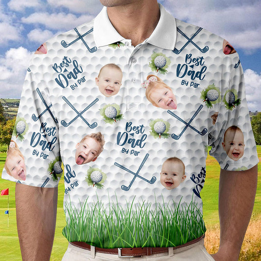 Personalized Best Dad By Par Shirt with Kid's Face Photo Father's Day Gift For Dad Short Sleeve Golf Shirt Gift for Husband
