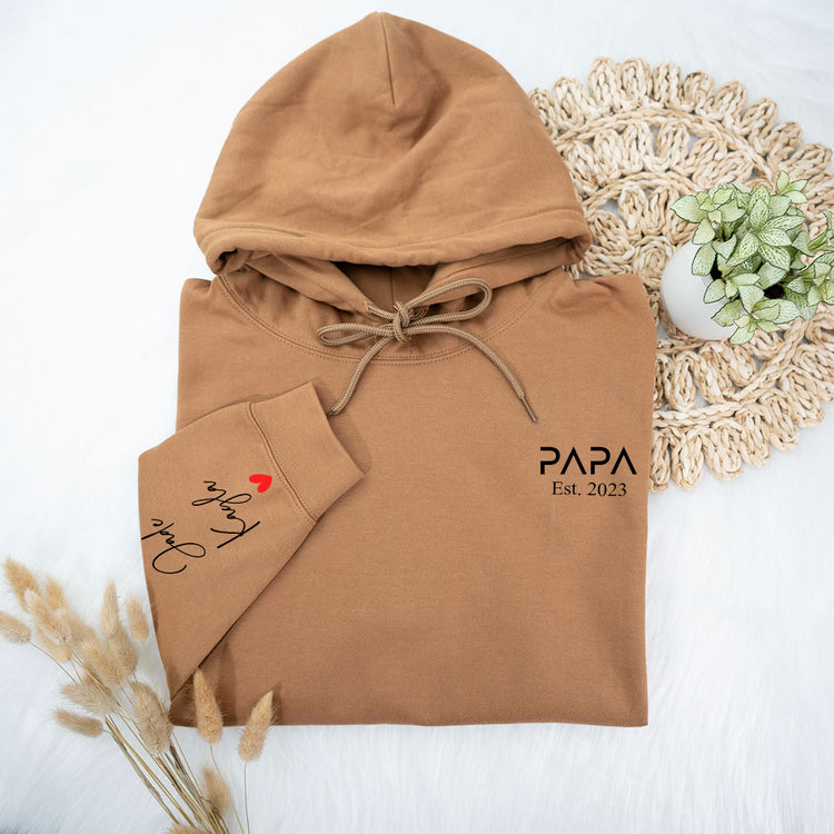 Personalized PAPA EST Hoodie with Kid's Names On Sleeve Father's Day Gift