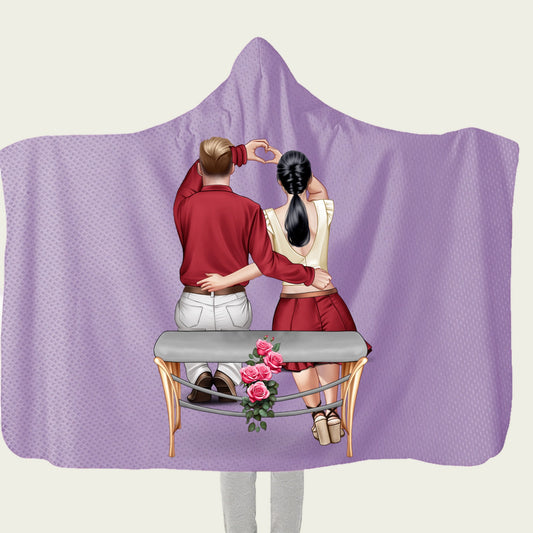 Personalized Couple Hooded Minky Fleece Blanket Lovers on the Bench Throw Hooded Blanket