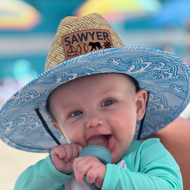 Personalized Leather Name Patch Straw Hat with Name and Symbols Sun Hat Gift for Toddler Child Adult