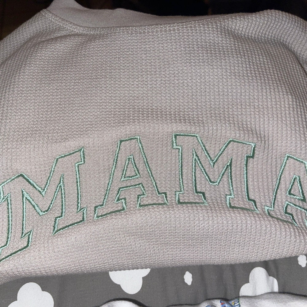 Embroidered Waffle Knit Mama Crewneck Sweatshirt with Kid Names on Sleeve
