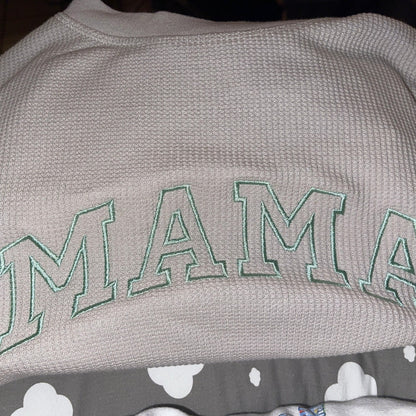 Embroidered Waffle Knit Mama Crewneck Sweatshirt with Kid Names on Sleeve