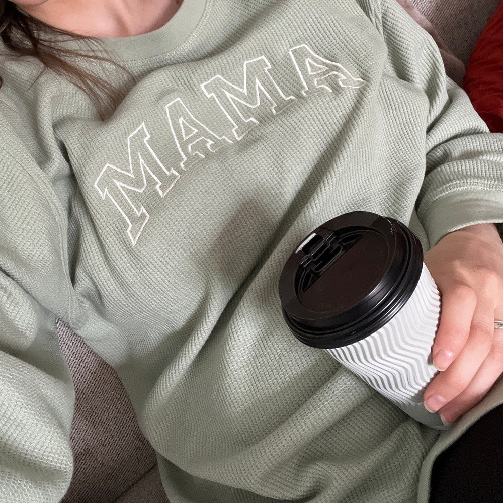 Embroidered Waffle Knit Mama Crewneck Sweatshirt with Kid Names on Sleeve