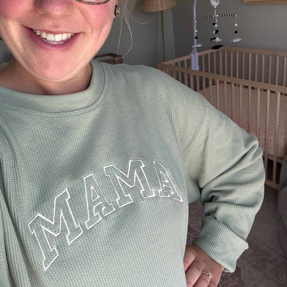 Embroidered Waffle Knit Mama Crewneck Sweatshirt with Kid Names on Sleeve
