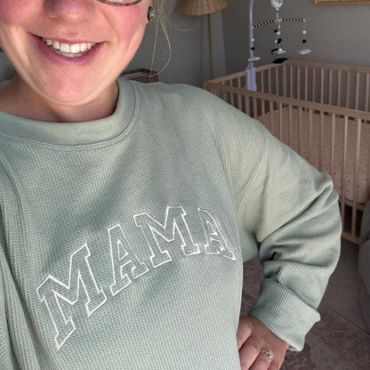 Embroidered Waffle Knit Mama Crewneck Sweatshirt with Kid Names on Sleeve