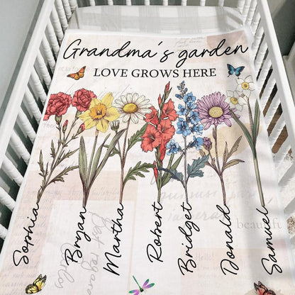 Personalized Grandma's Garden Blanket Birth Month Flowers with Grandkids Names Mother's Day Gift