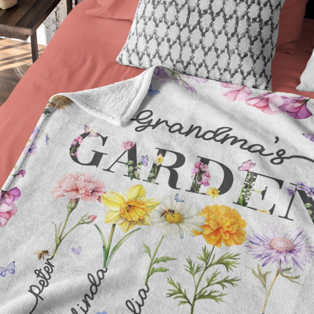 Personalized Grandma's Garden Blanket Birth Month Flowers with Grandkids Names Mother's Day Gift