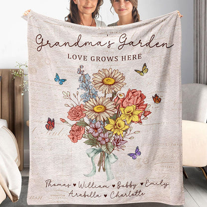 Personalized Grandma's Garden Blanket Birth Month Flowers with Grandkids Names Mother's Day Gift Ideas