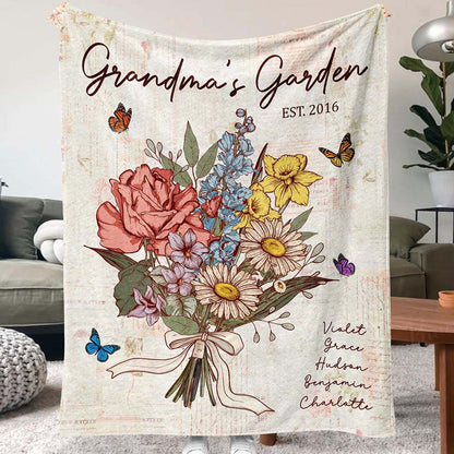 Personalized Grandma's Garden Blanket Birth Month Flowers with Grandkids Names Birthday & Mother's Day Gift Ideas