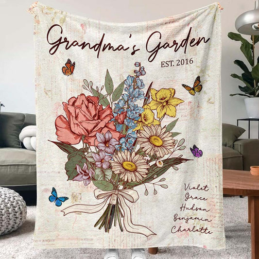 Personalized Grandma's Garden Blanket Birth Month Flowers with Grandkids Names Birthday & Mother's Day Gift Ideas