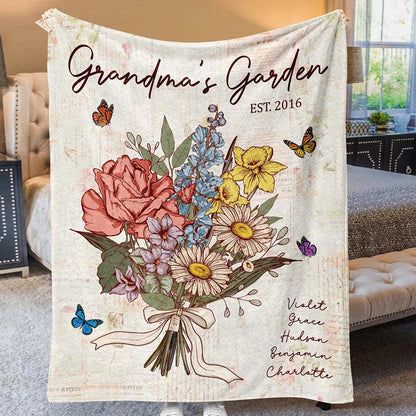 Personalized Grandma's Garden Blanket Birth Month Flowers with Grandkids Names Birthday & Mother's Day Gift Ideas