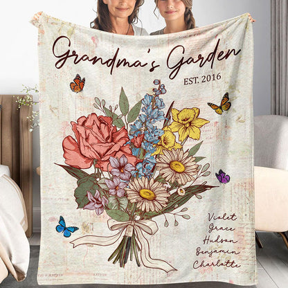 Personalized Grandma's Garden Blanket Birth Month Flowers with Grandkids Names Birthday & Mother's Day Gift Ideas
