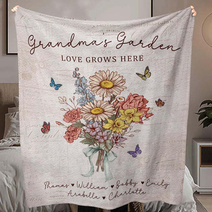 Personalized Grandma's Garden Blanket Birth Month Flowers with Grandkids Names Mother's Day Gift Ideas