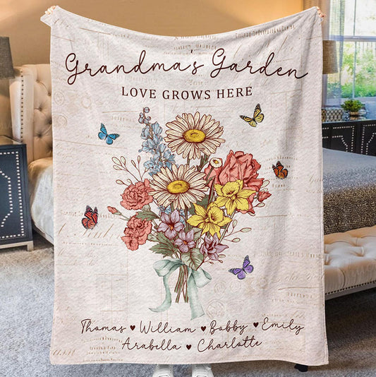 Personalized Grandma's Garden Blanket Birth Month Flowers with Grandkids Names Mother's Day Gift Ideas