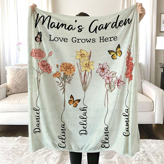 Personalized Mama's Garden Blanket Birth Month Flowers with Kids Names Birthday & Mother's Day Gift Ideas