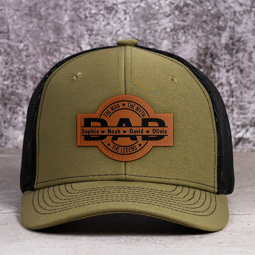 Personalized The Man The Myth The Legend DAD Hats with Kids Names Leather Patch Trucker Hat Father's Day Gift