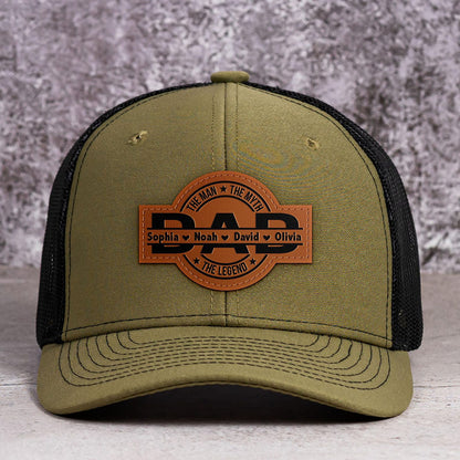 Personalized The Man The Myth The Legend DAD Hats with Kids Names Leather Patch Trucker Hat Father's Day Gift