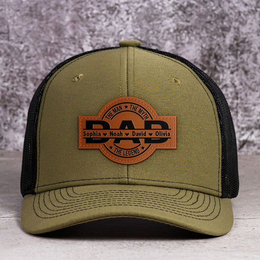 Personalized The Man The Myth The Legend DAD Hats with Kids Names Leather Patch Trucker Hat Father's Day Gift