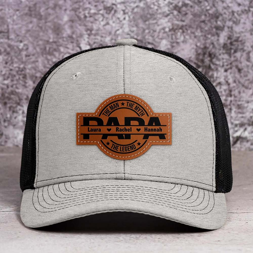 Personalized The Man The Myth The Legend DAD Hats with Kids Names Leather Patch Trucker Hat Father's Day Gift