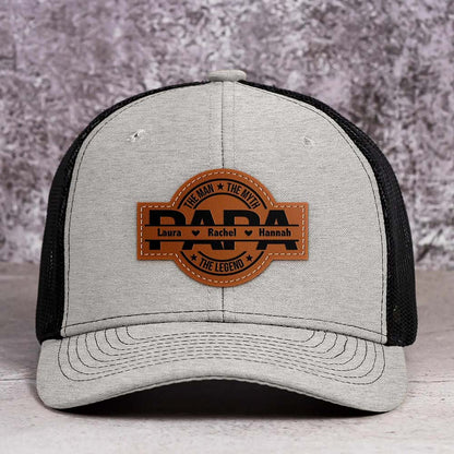 Personalized The Man The Myth The Legend DAD Hats with Kids Names Leather Patch Trucker Hat Father's Day Gift