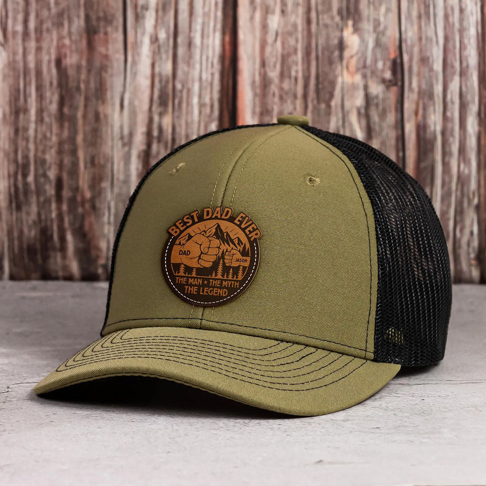 Personalized Best Dad Ever The Man The Myth The Legend DAD Hats with Kids Names Leather Patch Trucker Hat Father's Day Gift