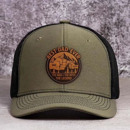 Personalized Best Dad Ever The Man The Myth The Legend DAD Hats with Kids Names Leather Patch Trucker Hat Father's Day Gift