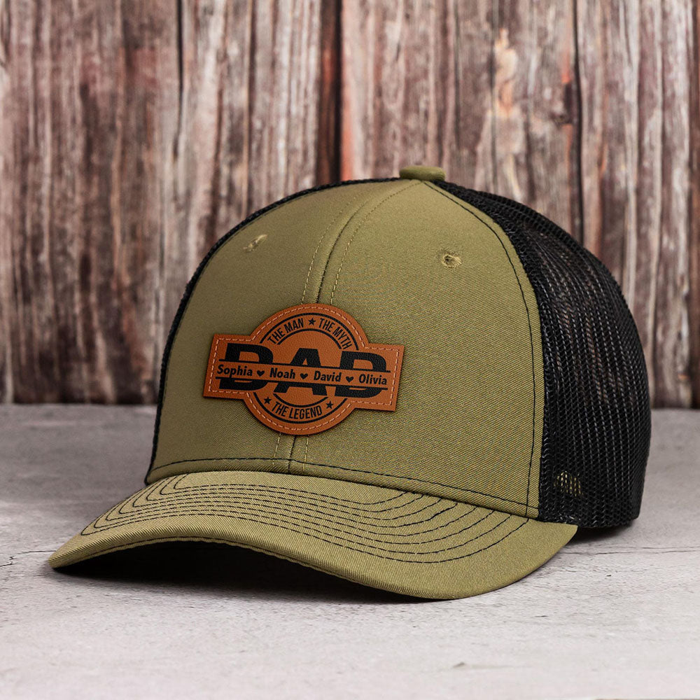 Personalized The Man The Myth The Legend DAD Hats with Kids Names Leather Patch Trucker Hat Father's Day Gift