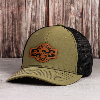 Personalized The Man The Myth The Legend DAD Hats with Kids Names Leather Patch Trucker Hat Father's Day Gift